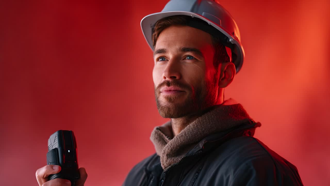 A confident young professional in a hard hat, ready for work and holding a tool, showcases determination and expertise against a dramatic red background, highlighting his focus on future projects