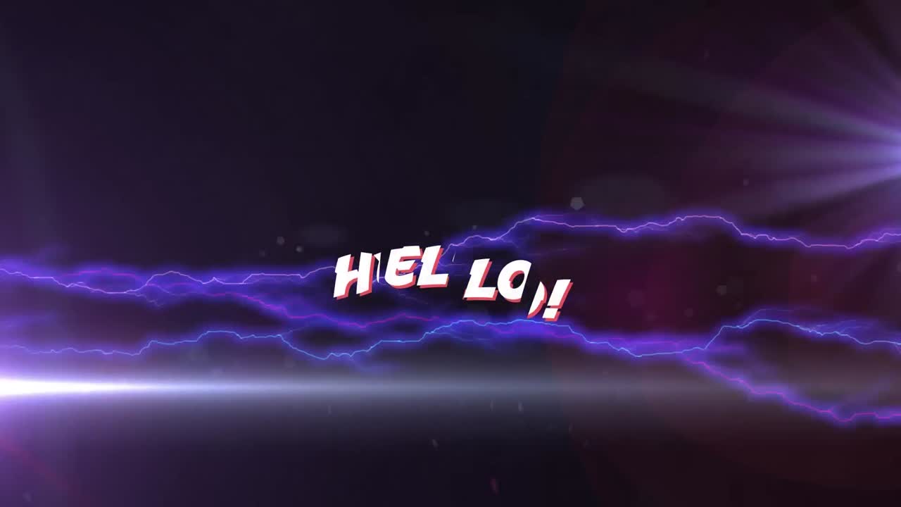 animación de texto de saludo sobre relámpago en fondo oscuro