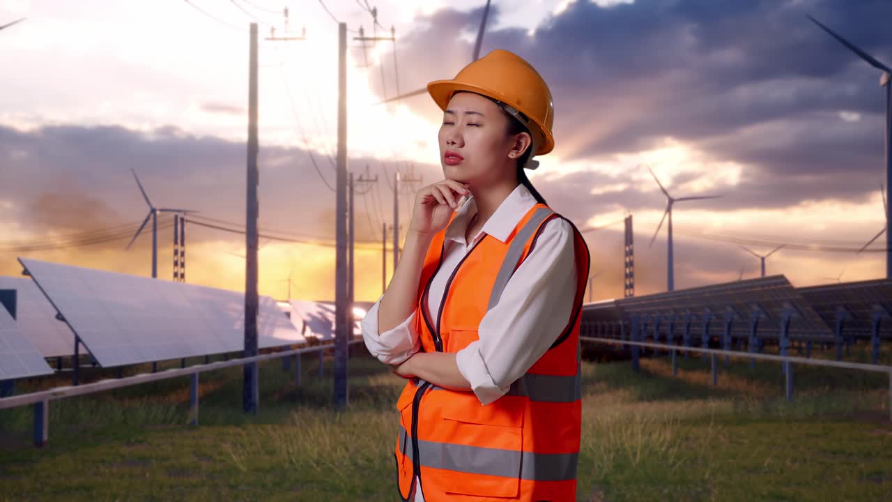 Side View Of Asian Female Engineer With Safety Helmet Thinking And Looking Around Then Raising Her Index Finger With Solar Panel and Wind Turbines