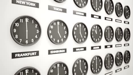 round clocks show time in different cities on white wall. symbol for greenwich mean time. clock face timelapse