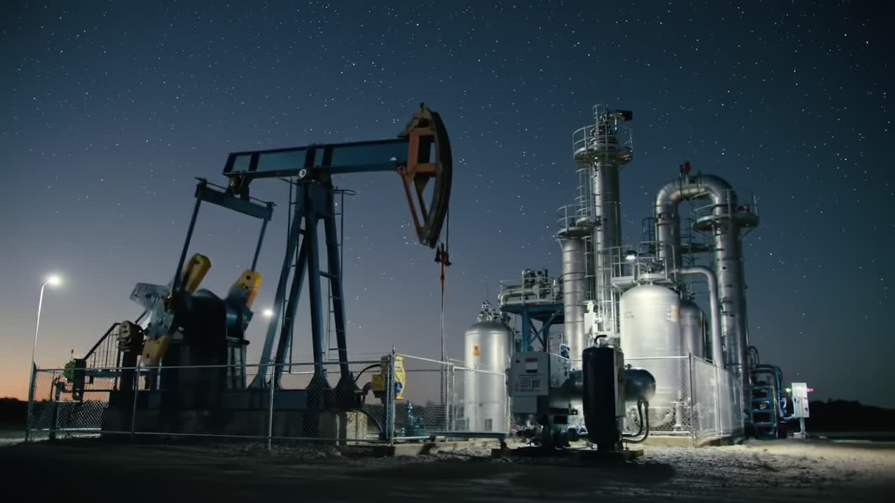 Oil Drilling and Processing Facility Shines Under Starry Night Sky in Remote Location