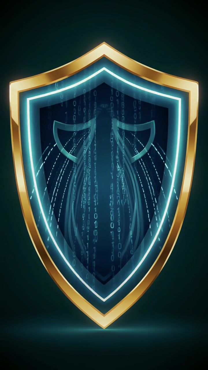 Digital Security Shield with Glowing Binary Code Animation