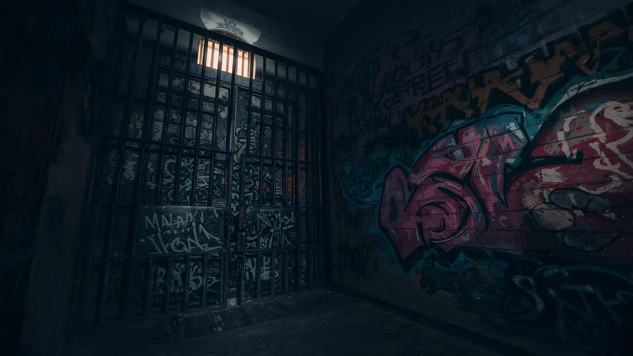 Showing rusted metal gate in abandoned corridor, barred window admitting warm light, graffiti mural