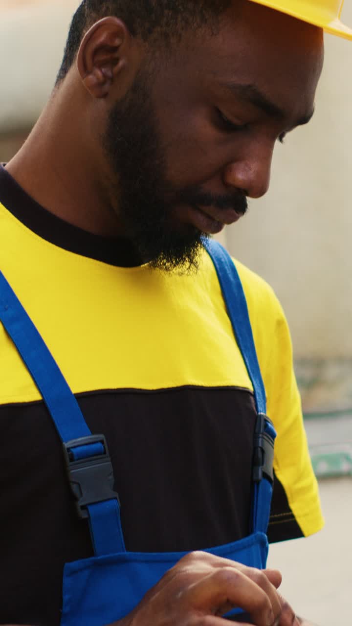 Vertical video Happy engineer checking freon level