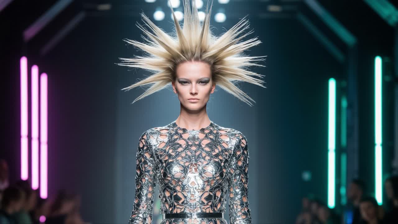 Striking Fashion Show Presentation Featuring a Model with Bold Spiky Hair and Shimmering Outfit Under Creative Stage Lighting