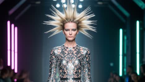 striking fashion show presentation featuring a model with bold spiky hair and shimmering outfit under creative stage lighting