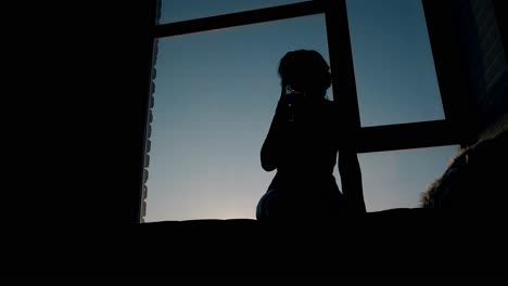 silhouette of lady taking glass and drinking wine in evening