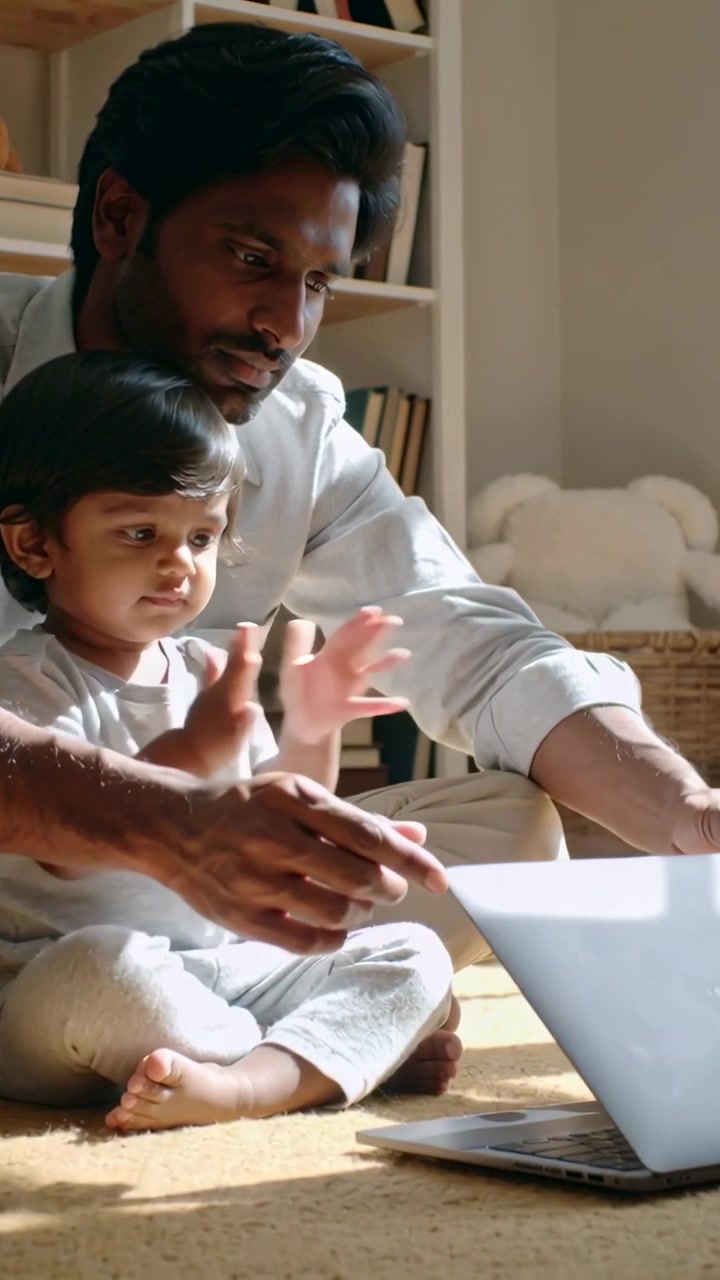 Vertical video: Placing laptop, father wearing shirt guiding clapping toddler at home to see screen