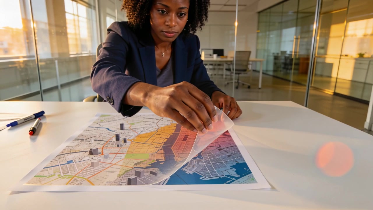 Gripping film corner, navy-blazer woman peeling, smoothing map in glass room for review, 3D markers