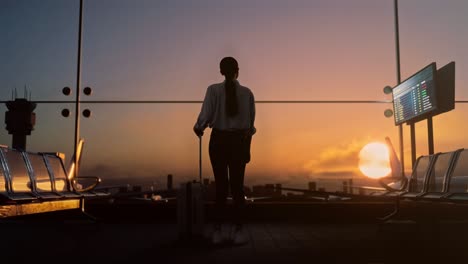 full body back view of asian woman with rolling suitcase waits for flight in boarding lounge of airline hub, waiting room in airport terminal, airplane takes off outside the window