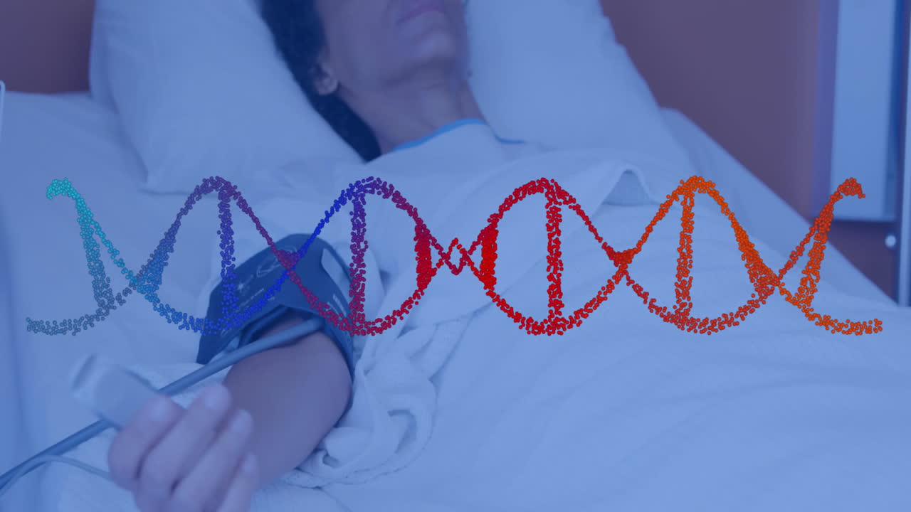 Lying in hospital bed, person with DNA strand animation above