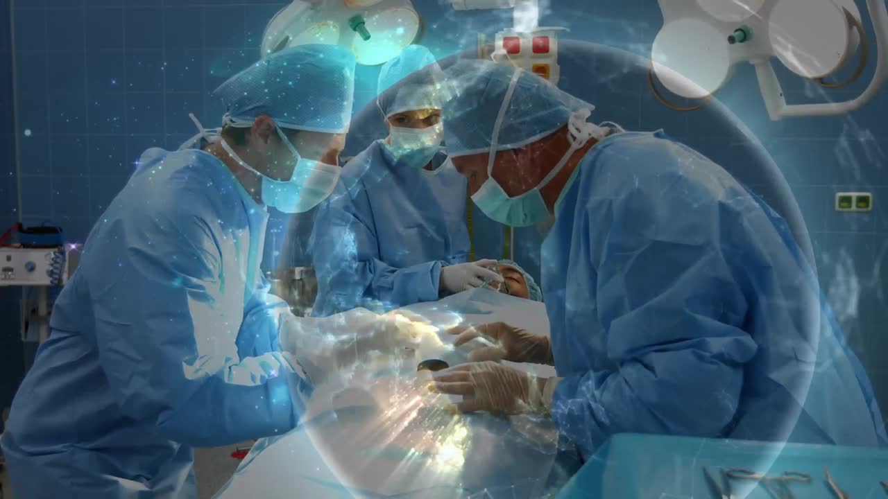 수술실의 외과 의사들에 대한 연결 네트워크와 함께 지구의 애니메이션