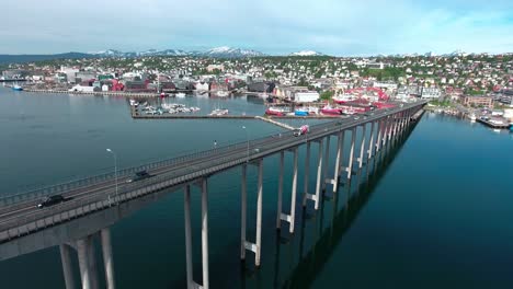 Bridge-of-city-Tromso,-Norway-Aerial-footage