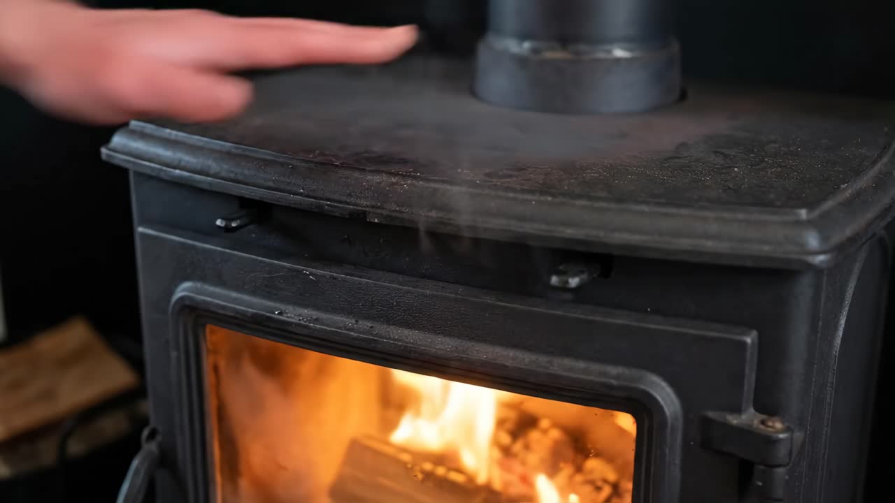 Man's Hand Touches Hot Wood Stove and Reacts to Burn