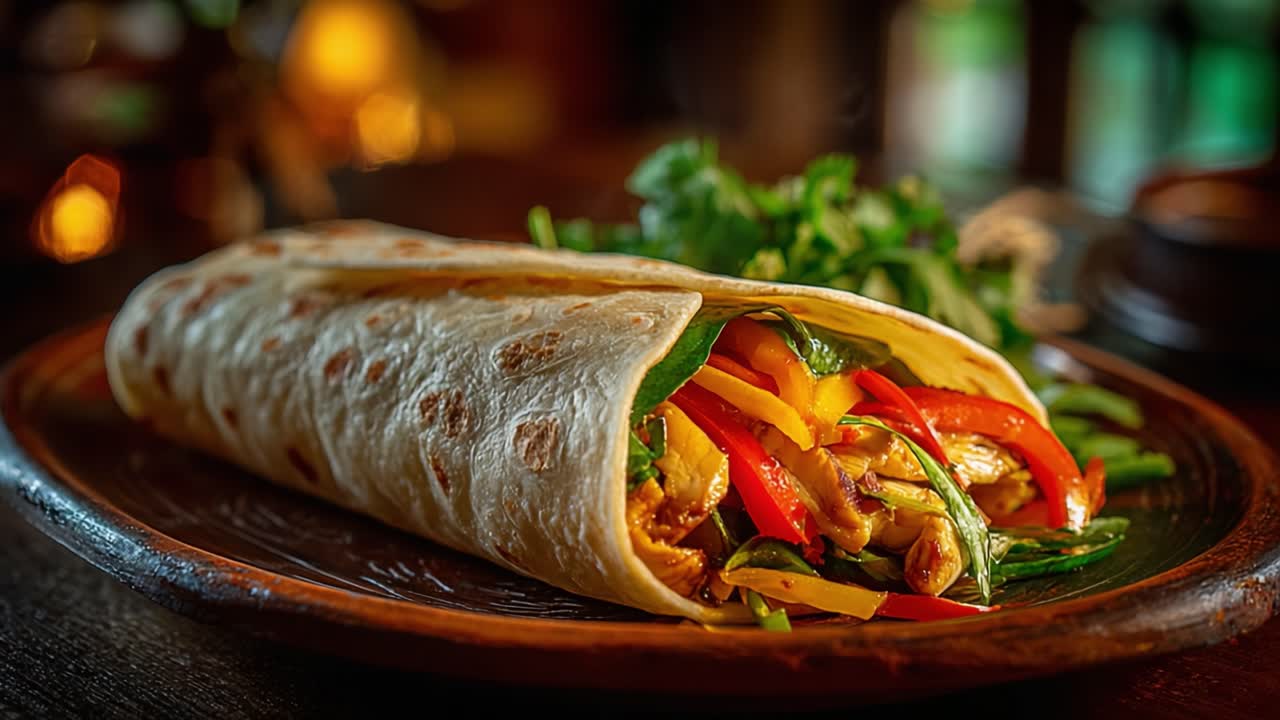 Savor the Flavor: A Delicious Wrap Filled with Fresh Vegetables and Succulent Chicken, Perfectly Rolled in a Soft Tortilla on a Wooden Plate
