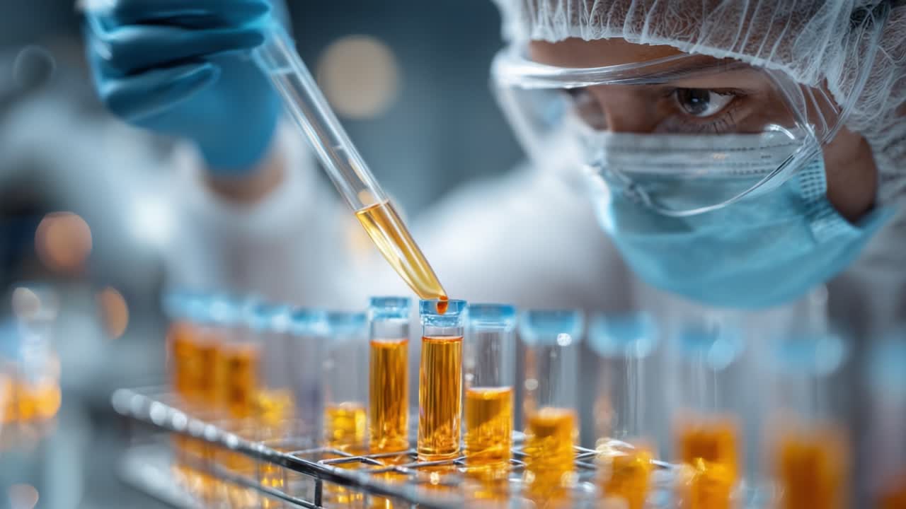 A Laboratory Technician Conducting Precision Experiments by Adding Liquid to Test Tubes Using a Pipette, Showcasing Careful Scientific Research and Innovation
