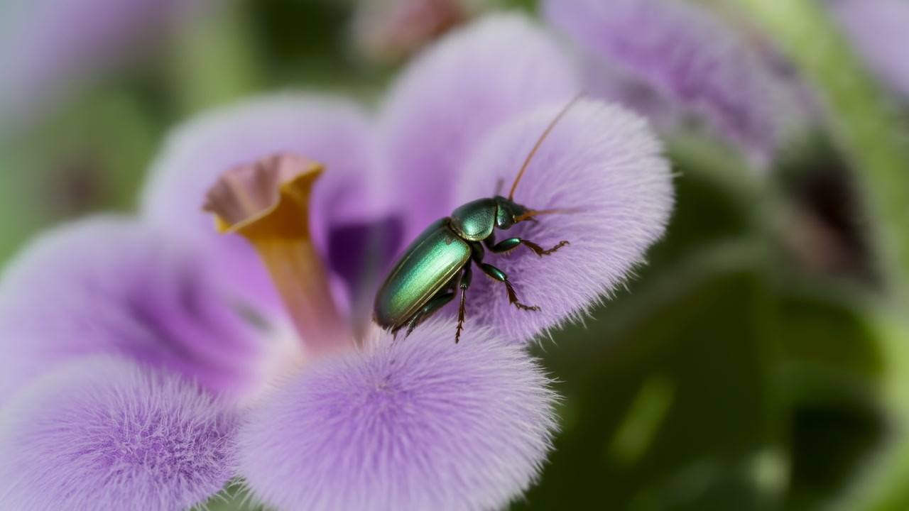 Macro Closeup Green Beetle On Purple Blossom, Soft Hairy Petals, Pollen Dust, Sunlit Bokeh Background, Shallow