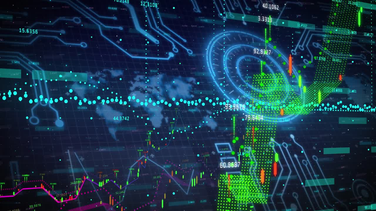 Animation of financial data processing against round scanner and microprocessor connections