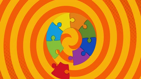 Animation-Von-Bunten-Puzzleteilen,-Die-über-Rote-Und-Gelbe-Kreise-Im-Hintergrund-Fallen