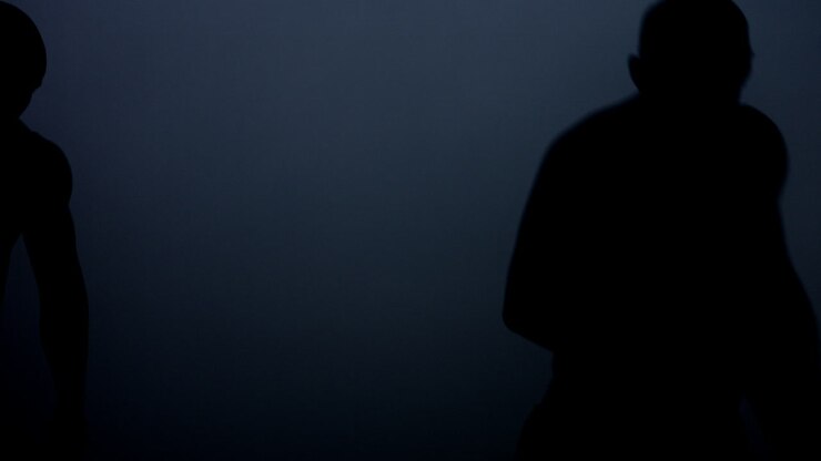 Silhouettes kick boxers fight in dark. Closeup of mma fighter silhouettes