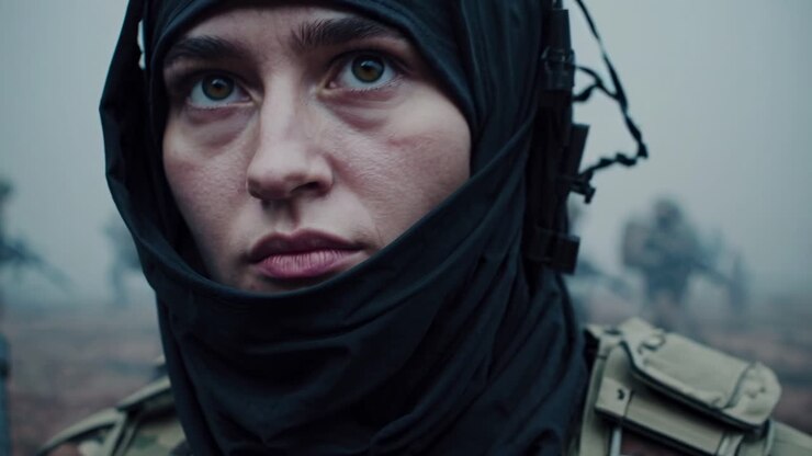 Female soldier with tactical gear and headscarf maintains a serious and attentive expression while observing the battlefield, her gaze fixed on the unfolding events