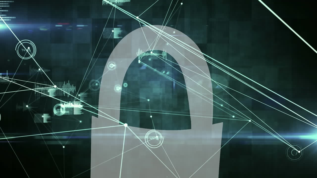 녹색 배경에 있는 보안  ⁇ 락 아이콘을 통해 연결된 네트워크의 디지털 애니메이션