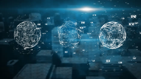 three digital earths with data on a city background