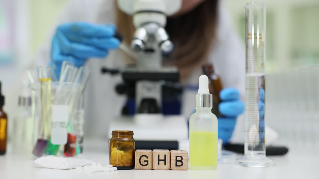 Cubetti di legno in miniatura su un tavolo formano l'abbreviazione GHB