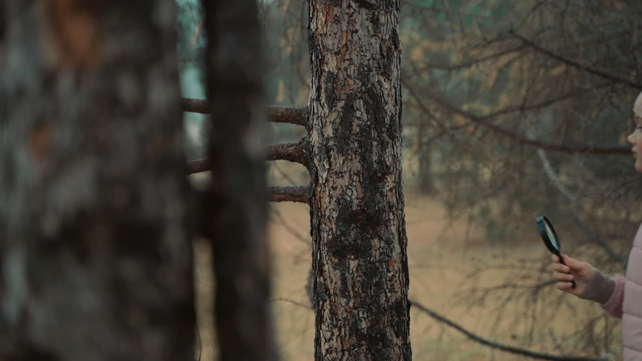 숲에서 확대경을 통해 보는 작은 소녀. 아이들과 과학.