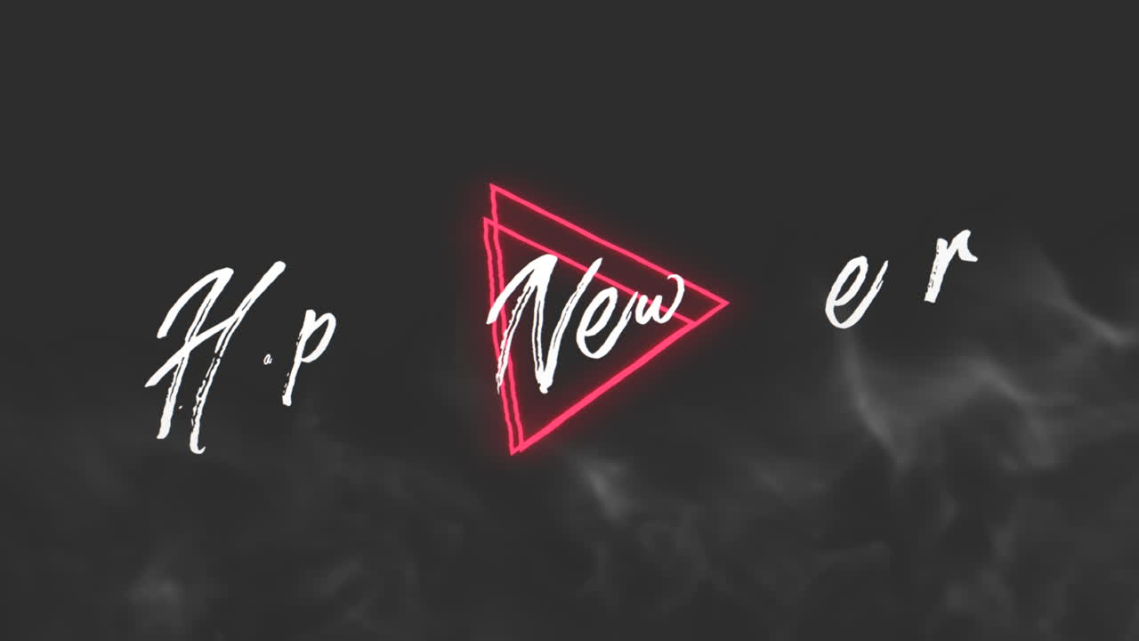 texto de introducción de animación feliz año nuevo sobre fondo de moda y club con triángulos rojos brillantes