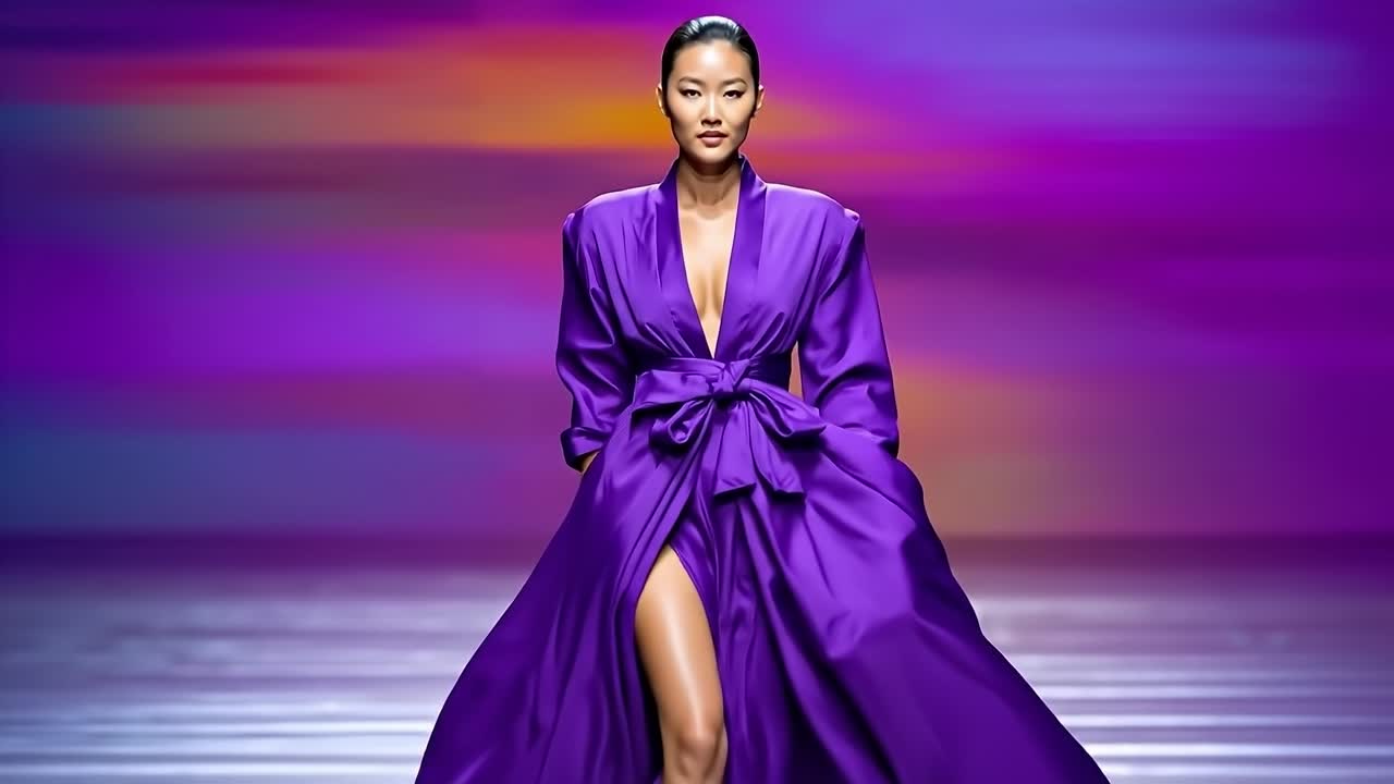 En kvinde i en lilla kjole, der går ned ad en runway