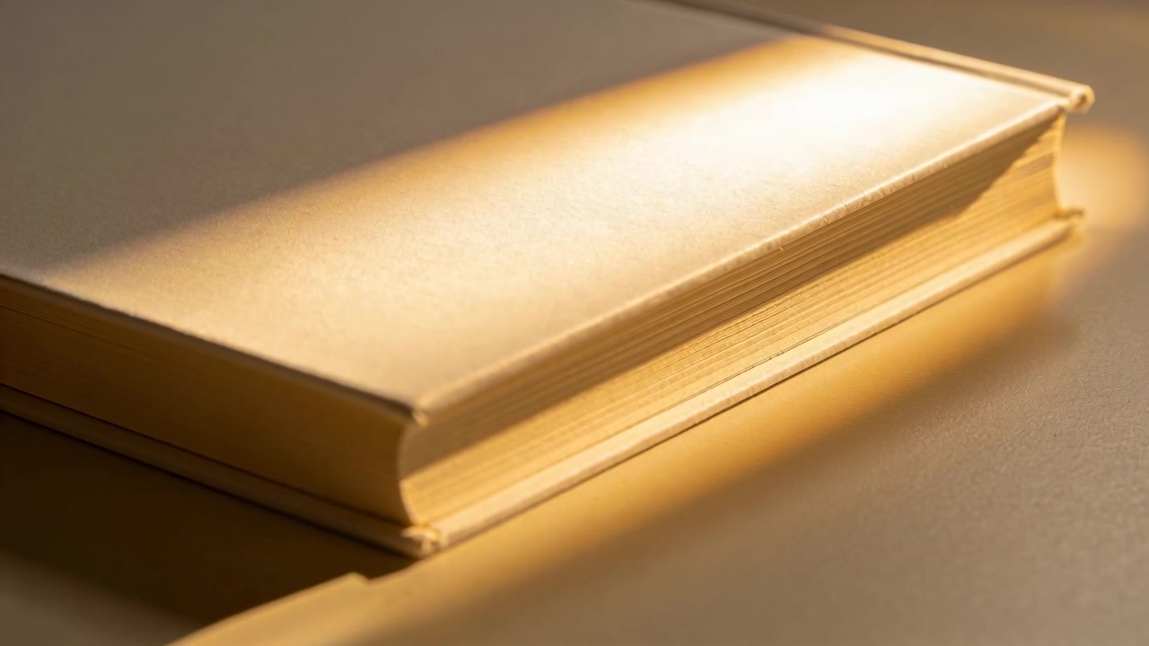Un libro rilegato chiuso e luminoso riflette una luce calda sul tavolo, la telecamera si stringe rivelando la rilegatura.