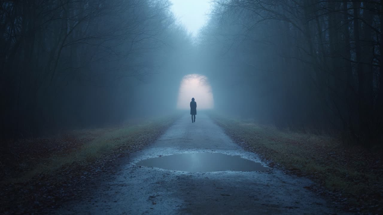 A solitary figure walks down a foggy path in a serene forest, surrounded by mist and illuminated at the end by a soft, mysterious light, evoking a sense of reflection and tranquility