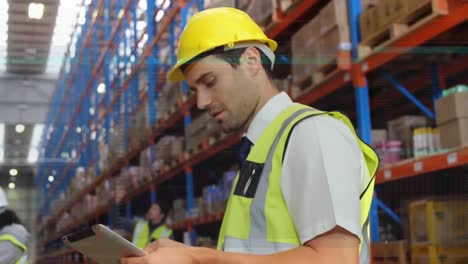 Animation-of-data-processing-over-male-warehouse-worker