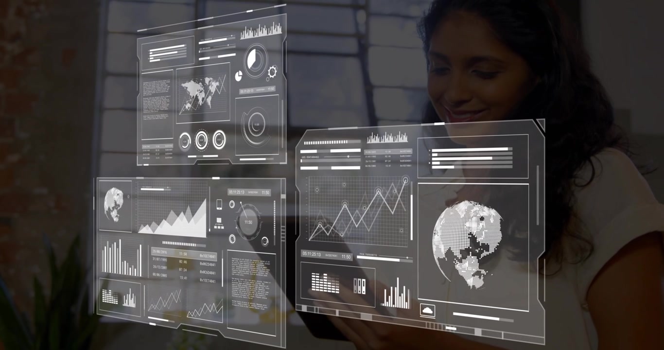 Male professional tapping tablet causing holographic panels cycling charts for technology analytics