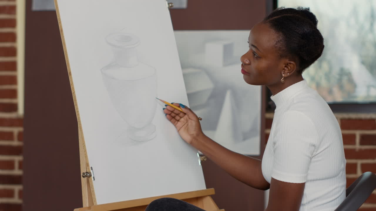 Art class student using pencil to outline vase sketch on canvas