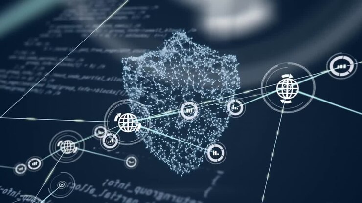 Animation of network of connections with icons over security shield