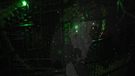 Digital face composed of binary code with green data processing animation