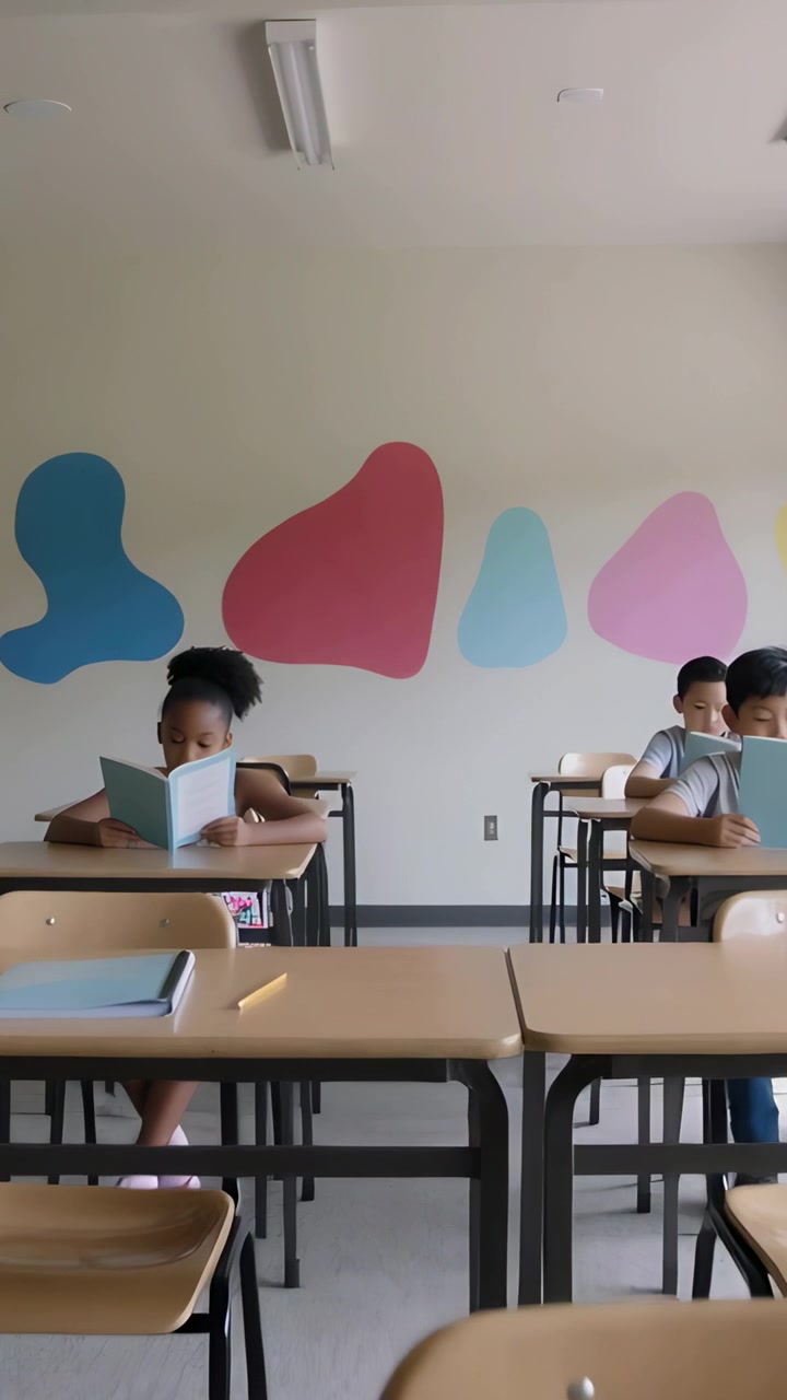 Video verticale: Bambini che leggono seduti ai banchi in classe, sfogliando pagine di libri blu per la lezione