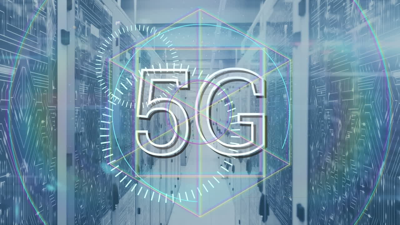 animazione di forme e testo 5g sulla sala server