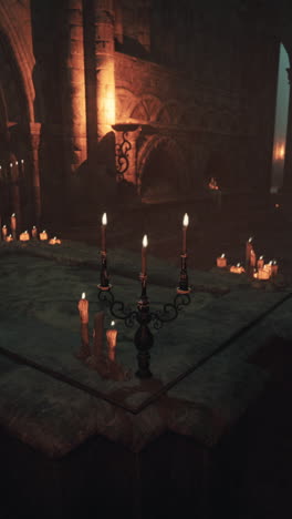 a dark and mysterious church interior with candles