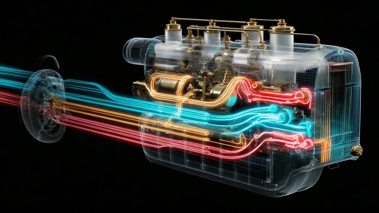 Exploring the Intricate Design of a 3D Engine Model with Flowing Colorful Energy Representations Highlighting Motion and Mechanical Components