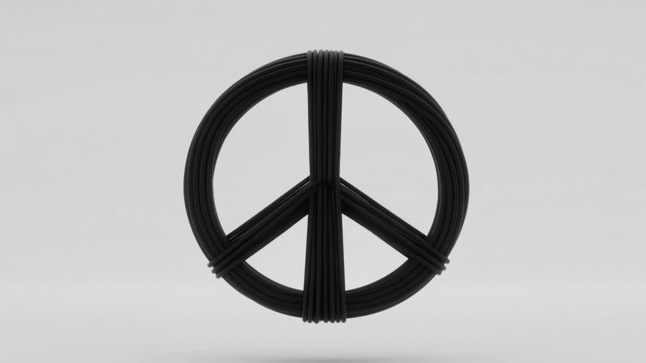 Outer strands loosening black tubular object morphing into peace symbol over white backdrop shadow