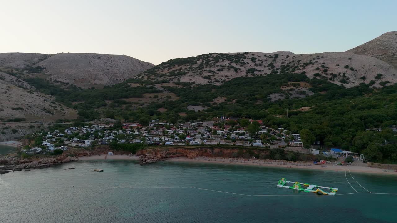Stara Baska, Krk Island, Croatia, Aerial View of the Mountains and Coast With Boats, Beaches and Adriatic Sea. The Seaside Rv Campmobiles on a Summer Beautiful Coastline at Sunset Summer Evening