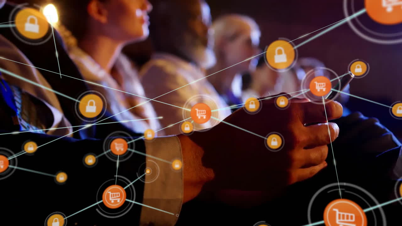 Animation of network of connections with icons over caucasian businessman using smartphone