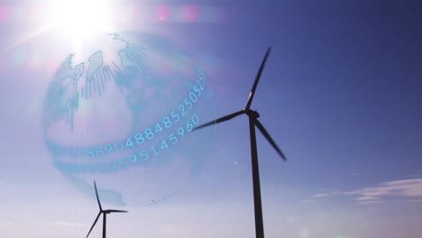 animation of globe with numbers over wind turbines in countryside