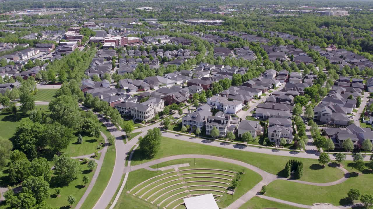 Aerial view of the Norton Commons neighborhood in Louisville, KY, showcasing homes, streets, and community layout. Great for real estate, city planning, and regional footage.