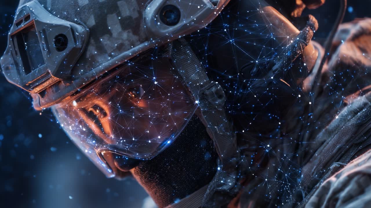 Un soldato futuristico con equipaggiamento protettivo avanzato è presentato in un'accattivante fusione di realismo ed elementi digitali, evocando un senso di innovazione e tecnologia.