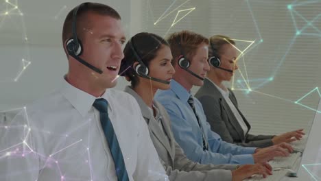 Animation-of-networks-of-connections-over-business-people-using-phone-headsets