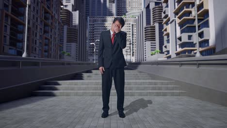 full body of tired asian business man while standing in city
